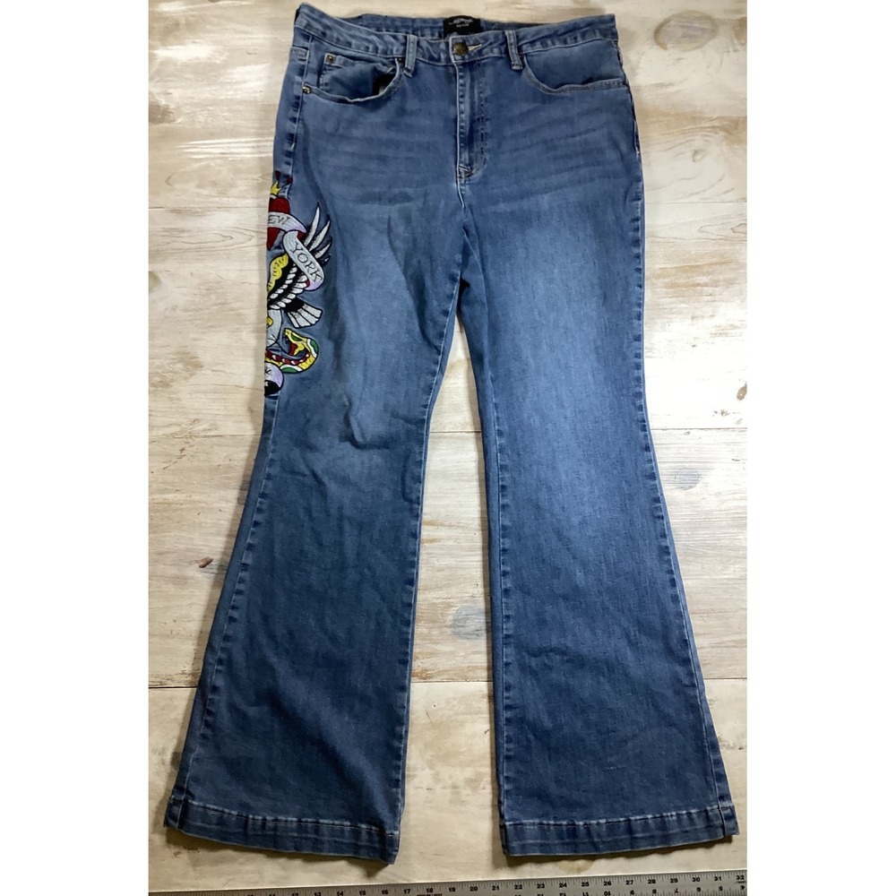 Ed Hardy Denim Women Blue Flare Jeans Embroidered Skull Snake Tattoo Graphics 36